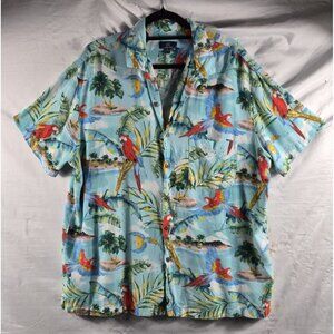 George Men's Blue Orange Hawaiian Print Topical Parrots & Ferns Shirt Size XL